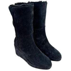Aquatalia NWOB Imperia Zip Up Black Suede Wedge Boot Size 5.5 Mid Calf Faux Fur